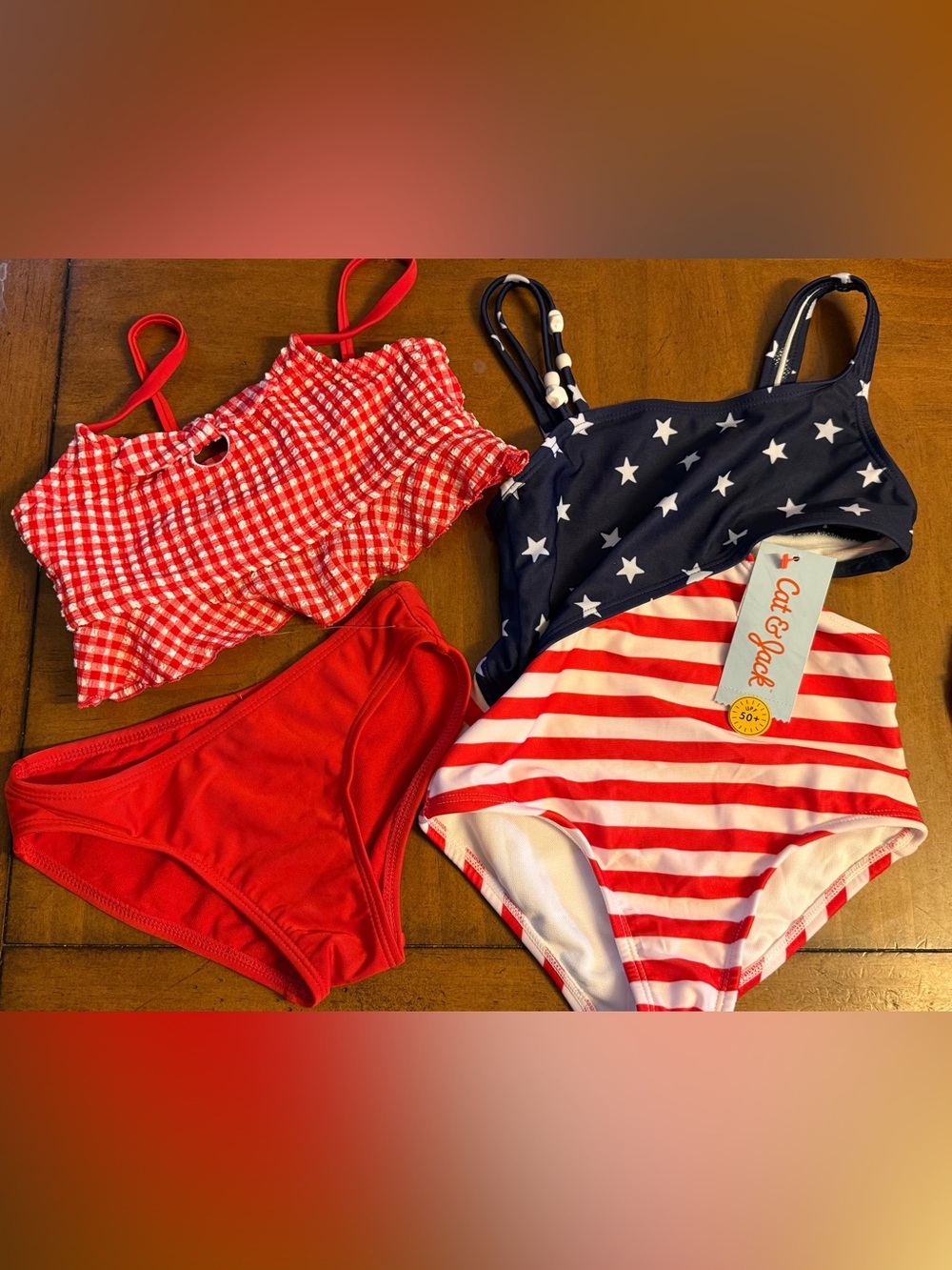 Cat & Jack Red White Navy Swimsuit Set - Stars & Stripes and gingham 1 &2 piece